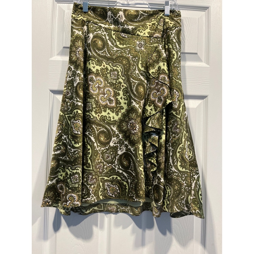 Ann Taylor Green Paisley Ruffle Front A-Line Skirt Size 6 Knee Length Lining